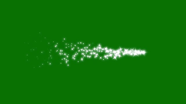 Luxury white glitter sparkle streak featuring twinkling particles, glowing doodle stars, and a magical confetti dust line creating an elegant shining motion on a clean green screen background, 4K