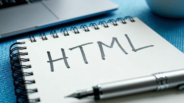 The word HTML is scribbled on a notepad placed beside a laptop displaying coding scripts. This setup symbolizes the world of web development and coding