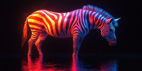 Naklejka premium A striking image of a zebra immersed in water, its distinctive black and white stripes dramatically illuminated with vibrant red and blue hues, creating a surreal and captivating effect.
