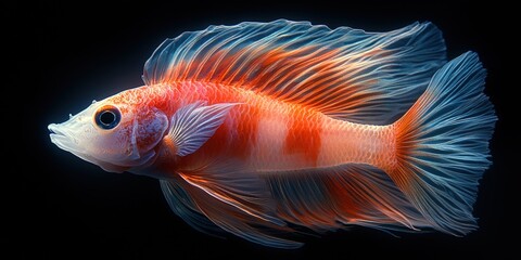 Fototapeta premium A stunning goldfish with vibrant, iridescent scales swims gracefully in dark water. The scales shimmer with intricate patterns, resembling the depths of the ocean.