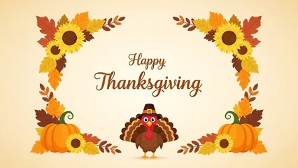 Happy Thanksgiving greeting card with pumpkins turkey and sunflowers design