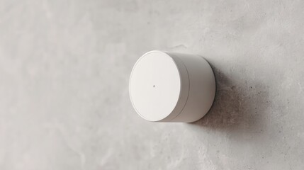White circular object mounted on a gray concrete wall. the object appears to be a small, cylindrical device with a smooth surface and a small hole in the center.