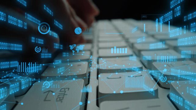 A close-up view of a keyboard with abstract digital elements like charts and graphs floating around, symbolizing technology and data analysis in today context. Xenic - Powered by Adobe