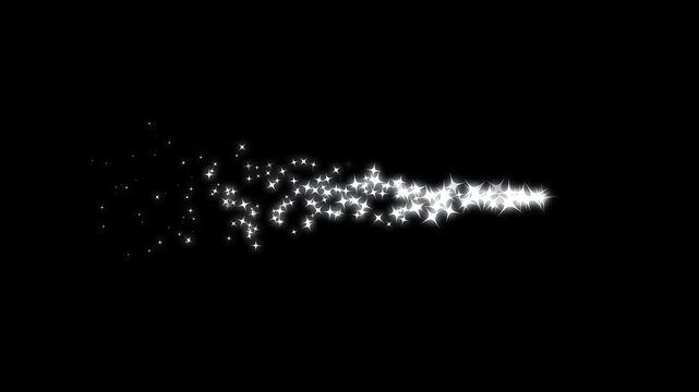 Smooth twinkling star glitter line animation with glowing white particles, magical sparkle dust, fairy doodle stars, and a shimmering starlight trail on a black screen background in vibrant 4K.