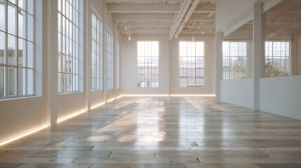 Empty room with large windows on both sides of the room. the room has a high ceiling with exposed pipes and a skylight above it.