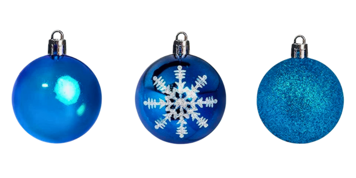 Set of vibrant blue Christmas ornaments with glossy, glitter, and snowflake designs isolated on white