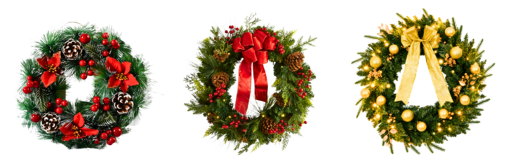 Set of three traditional Christmas wreaths with red bows, pinecones, and gold ornaments on white
