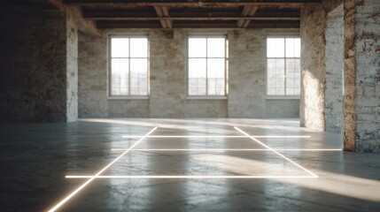 Empty room with three large windows on the wall. the room has a concrete floor and a high ceiling with wooden beams. the walls are made of brick and there are two columns on either side of the room.