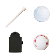 Set of golf tee and ball with baseball and glove-shaped tag displayed together on clean white background

