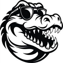 Cool black and white alligator head sporting sunglasses showcases its teeth in style
