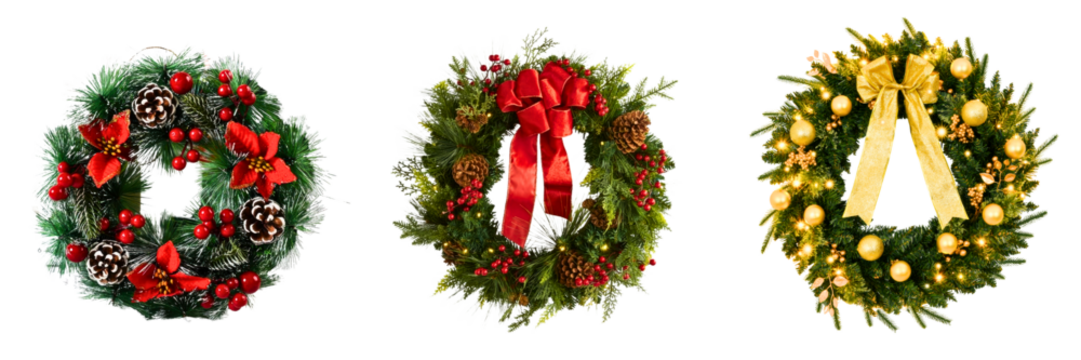 Set of three traditional Christmas wreaths with red bows, pinecones, and gold ornaments on white
