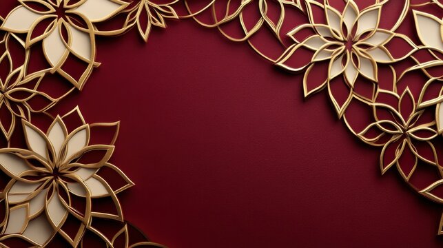 Elegant Qatar National Day banner with golden floral ornaments on a maroon background and copy space, perfect for festive greetings, cultural celebrations