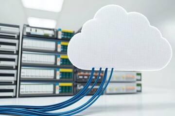 Cloud storage symbol linked to server rack with blue network cables