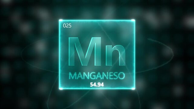 Manganese as Element 25 of the Periodic Table. Seamlessly looping 3D animation on blue illuminated atom design background with orbiting electrons. Name, atomic weight, element number in Spanish langua