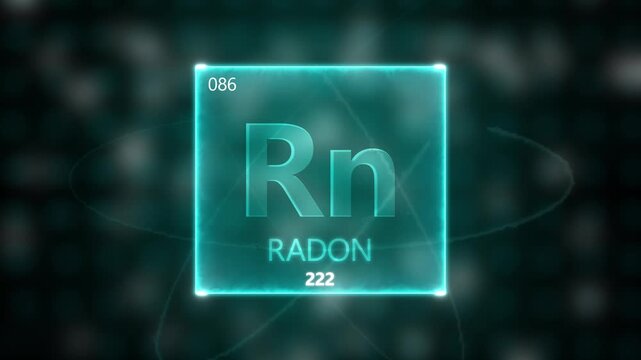 Radon as Element 86 of the Periodic Table. Seamlessly looping 3D animation on blue illuminated atom design background with orbiting electrons. Design shows name, atomic weight and element number