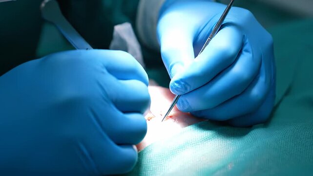 Close up of a surgeon's skilled hands in sterile gloves delicately performing a procedure, carefully stitching a wound with a needle and thread