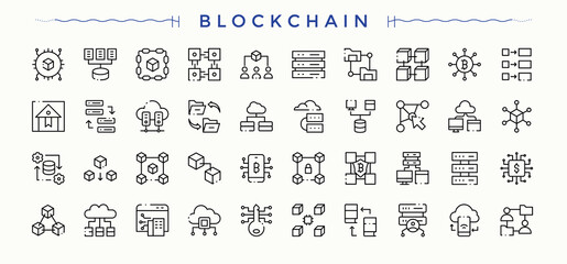 Blockchain icon set. It contains symbols to chain, coin, tech, fin, network and more. Fin linear icon collection. Thin icons set. Editable vector art.