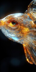 Naklejka premium A striking close-up photograph of an abstract fish featuring luminous, warm-colored scales set against a deep black background. Evokes a sense of mystery and ethereal beauty.
