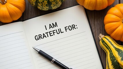 Open gratitude journal with pumpkins on a wooden table top view