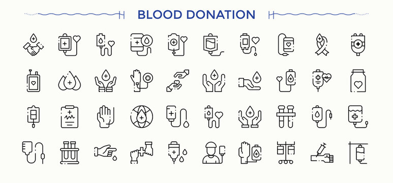 Blood Donation icon set. Donor line symbol and sign. Modern icons collection. Donor icon pack. Signs for web and mobile app.