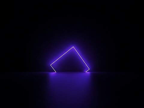 Glowing purple neon square frame leaning on dark reflective floor