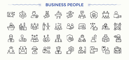 Business People related icon set. Man web icons pack. Outline icons collection. Management linear icon collection. Editable stroke vector art.