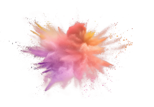 Pale muted orange purple dust powder explosion effect isolated PNG cutout, transparent background. Fun, colorful, dynamic blast, celebration, party, festival graphic element