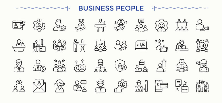 Business People related icon set. Man web icons pack. Outline icons collection. Management linear icon collection. Editable stroke vector art.