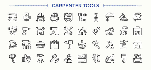 Carpenter Tools icon pack. Outline icons collection. Carpentry icon set in linear style. Includes symbols for craft, wood craft, tool, carpenter, handyman, tools and more.