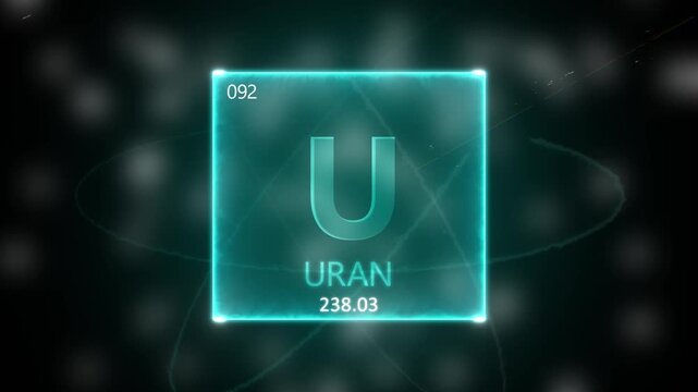 Uranium as Element 92 of the Periodic Table. Seamlessly looping 3D animation on blue illuminated atom design background orbiting electrons name, atomic weight element number in German language