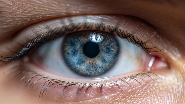 Stunning macro view of a beautiful human blue eye. The pupil dilates and constricts while the eyeball moves, showing every detail