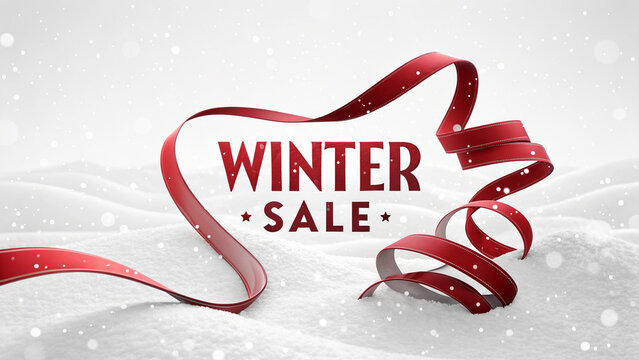 Winter festive sale banar with a red satin ribbon bow and love heart decoration design