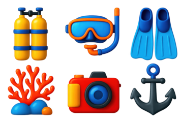 Set of six cartoonish images of scuba gear, a camera, and a pair of flippers