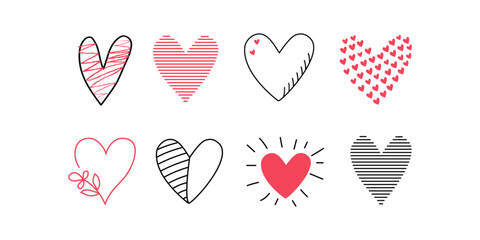 Doodle-style hearts, set of drawings and doodles. Valentine's Day and wedding holiday design. Various heart shapes. Hand-drawn linear vector icons. Isolated on white background.