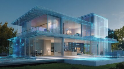 Obraz premium 3d rendering of a modern two-story house. the house is made up of multiple levels, with the upper level being the largest and the lower level being smaller.