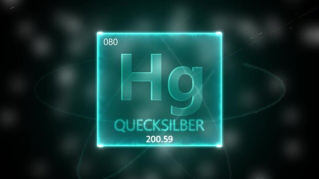 Mercury as Element 80 of the Periodic Table. Seamlessly looping 3D animation on blue illuminated atom design background orbiting electrons name, atomic weight element number in German language