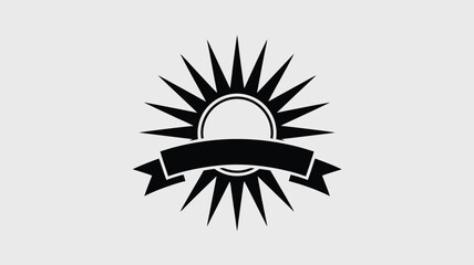 A black and white emblem featuring a sunburst design and a banner across the center of the image