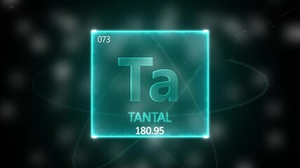 Tantalum as Element 73 of the Periodic Table. Seamlessly looping 3D animation on blue illuminated atom design background orbiting electrons name, atomic weight element number in German language - Powered by Adobe