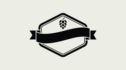 A black and white emblem featuring a hop cone and a banner on a light background design element