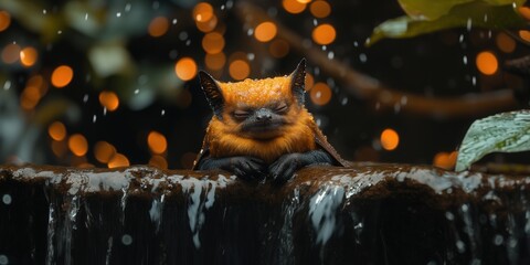 Naklejka premium A majestic fox with vibrant orange fur perches on a rocky ledge within a dark, atmospheric forest at night. The scene evokes a sense of wilderness and nocturnal beauty.