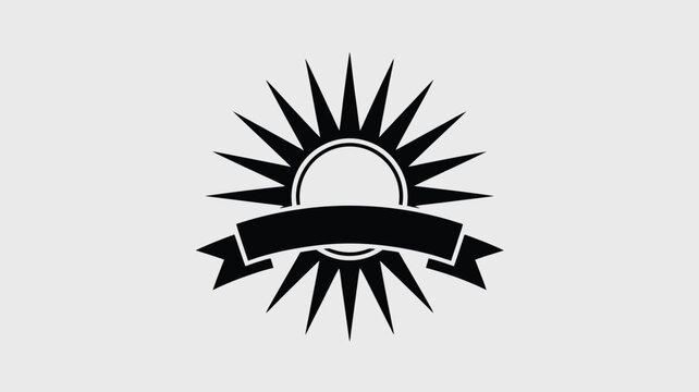 A black and white emblem featuring a sunburst design and a banner across the center of the image