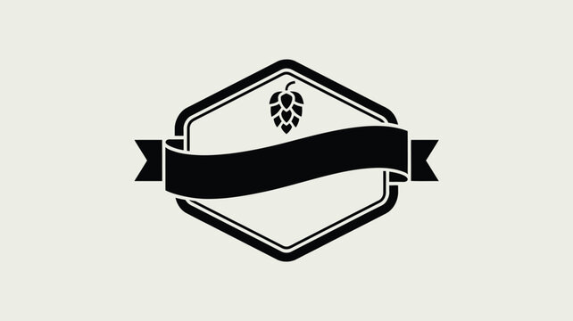 A black and white emblem featuring a hop cone and a banner on a light background design element
