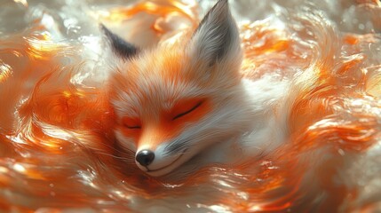 Naklejka premium A majestic fox rests peacefully within a mesmerizing sea of vibrant orange flames. The scene evokes warmth, tranquility, and the raw beauty of nature.