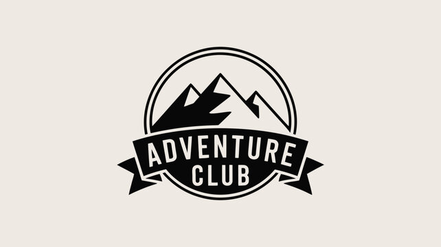 A black and white logo featuring mountains inside a circle with adventure club on a banner below it