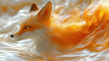 Naklejka premium A majestic fox with a vibrant, glowing orange mane emerges from the water, creating a surreal and captivating scene. The reflection adds to the mystical atmosphere.