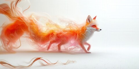 Naklejka premium A dynamic photograph of a fox with a fiery mane and tail, presented against a white background to create an abstract art piece. Evokes energy, movement, and a sense of wildness.