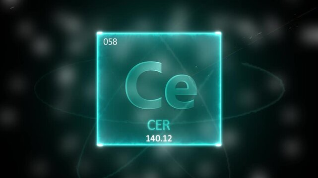 Cerium as Element 58 of the Periodic Table. Seamlessly looping 3D animation on blue illuminated atom design background orbiting electrons name, atomic weight element number in German language