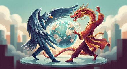 Symbolic of the global geopolitical conflict and power struggle between the United States and China, by eagle and dragon impacting the world.