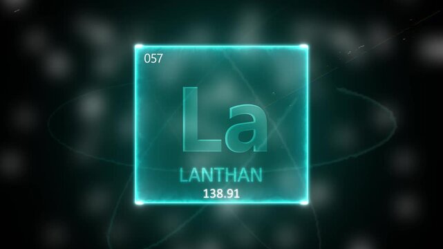 Lanthanum as Element 57 of the Periodic Table. Seamlessly looping 3D animation on blue illuminated atom design background orbiting electrons name, atomic weight element number in German language