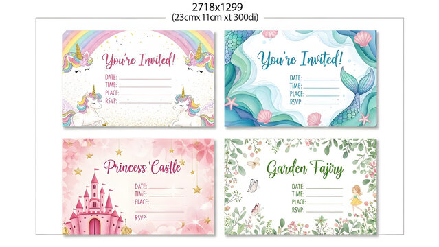 Charming birthday party invitation templates with unicorn, mermaid,fairy Generative AI